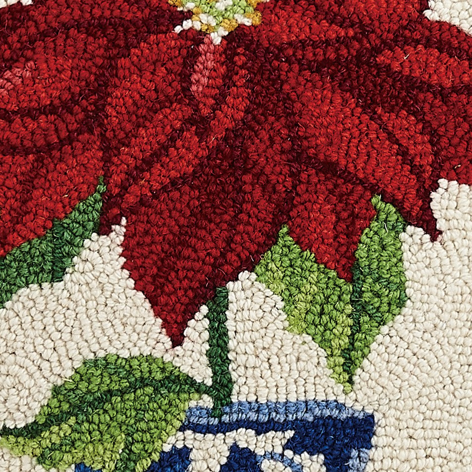 Chinoiserie Poinsettia Hooked Wool Christmas Throw Pillow, close-up detail