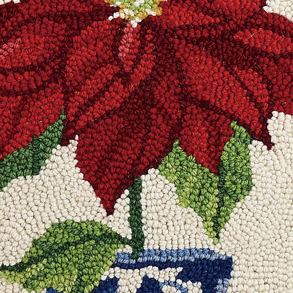Chinoiserie Poinsettia Hooked Wool Christmas Throw Pillow, close-up detail