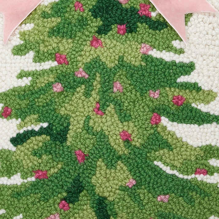 Chinoiserie Ribbon Tree Hooked Wool Christmas Throw Pillow, close-up detail