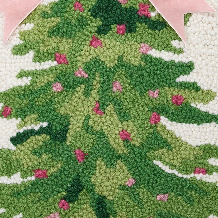 Chinoiserie Ribbon Tree Hooked Wool Christmas Throw Pillow, close-up detail