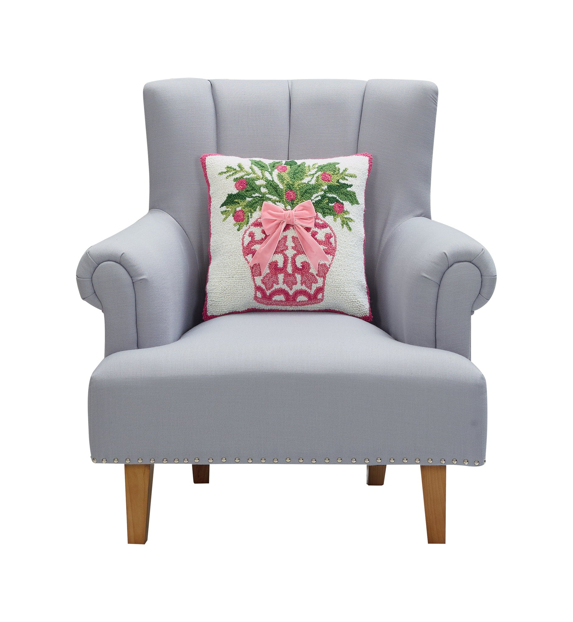 Chinoiserie Vase Ribbon Hooked Wool Christmas Throw Pillow on an armchair, showing the throw pillow at room scale, 16x16 inch