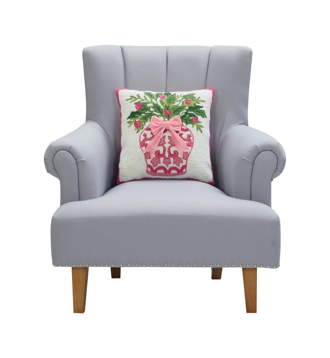 Chinoiserie Vase Ribbon Hooked Wool Christmas Throw Pillow on an armchair, showing the throw pillow at room scale, 16x16 inch
