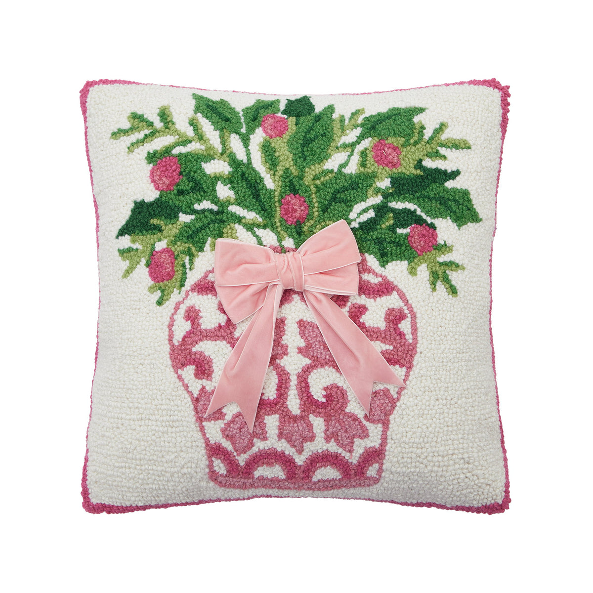 Chinoiserie Vase Ribbon Hooked Wool Christmas Throw Pillow, 16x16 inch, front view