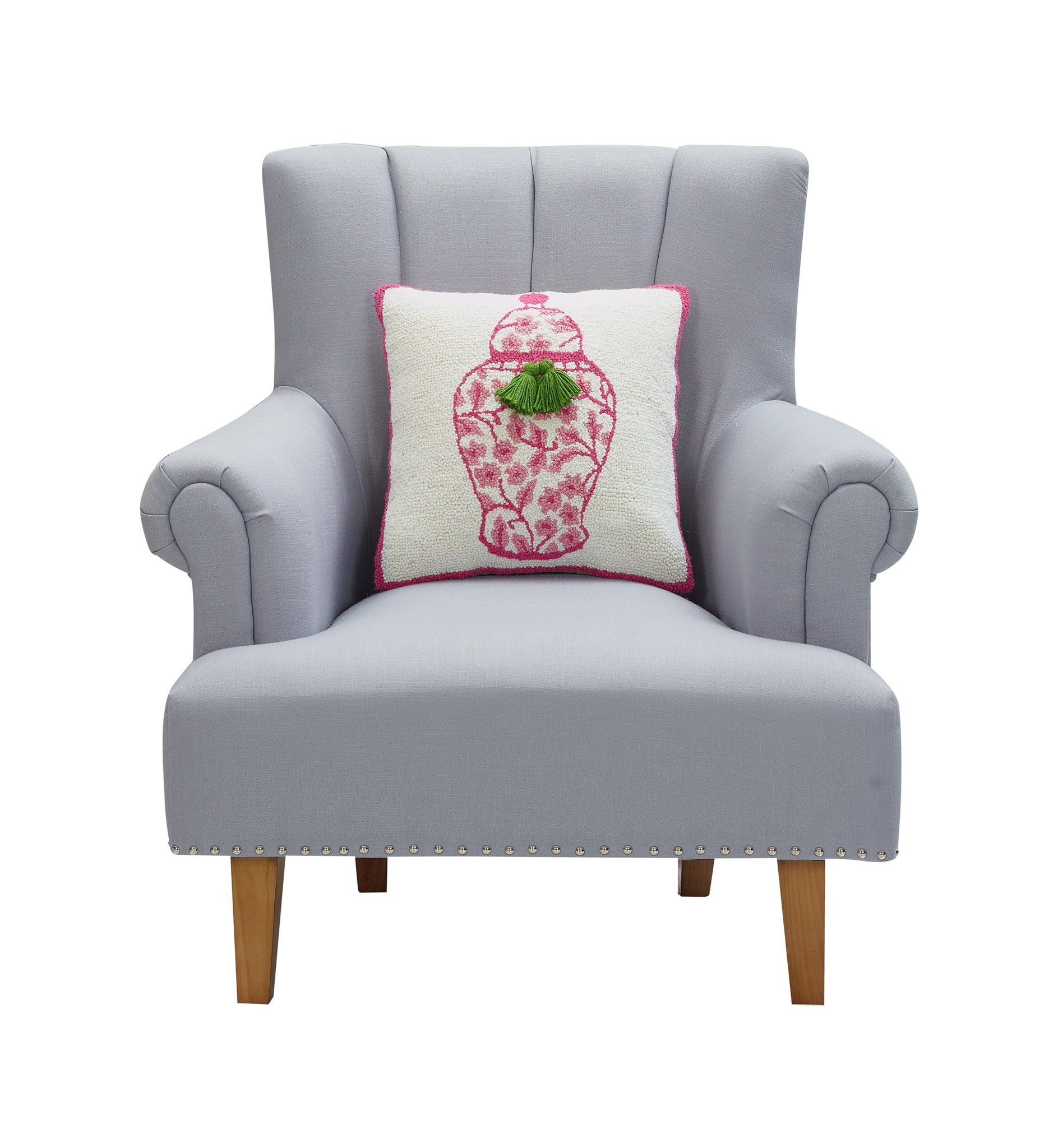 Chinoiserie Vase with Tassels Hooked Wool Throw Pillow on an armchair, showing the throw pillow at room scale, 16x16 inch