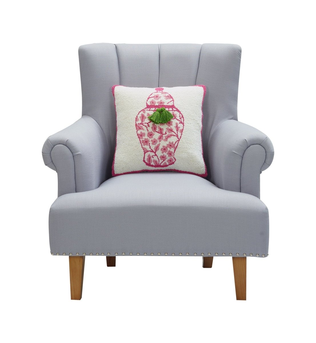 Chinoiserie Vase with Tassels Hooked Wool Throw Pillow on an armchair, showing the throw pillow at room scale, 16x16 inch