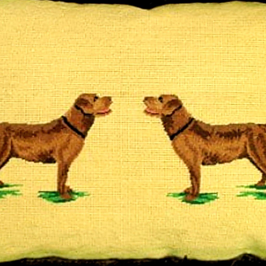Closeup of Chocolate Lab Dog Lover needlepoint throw pillow highlighting hand-stitched wool craftsmanship and fabric detail