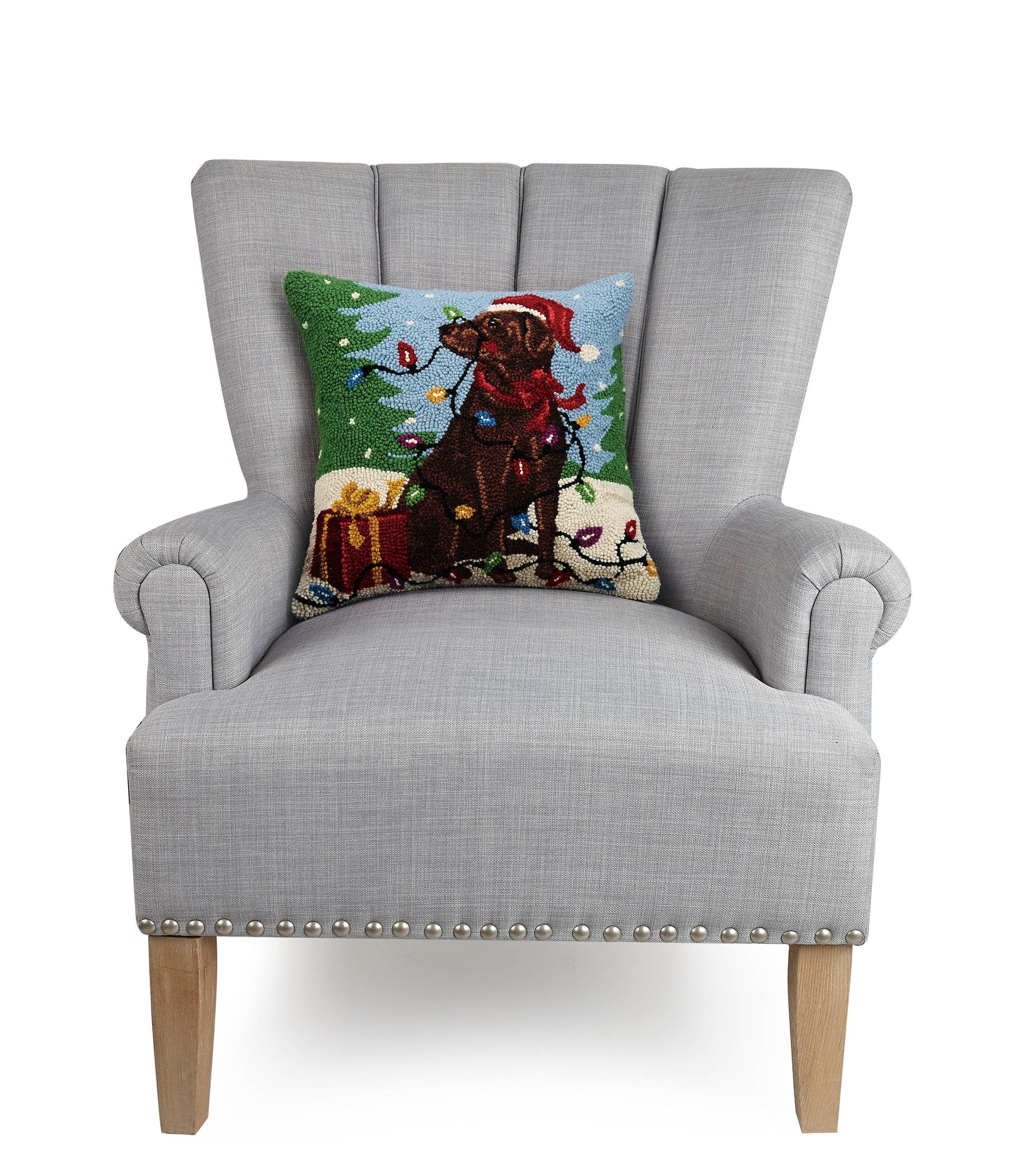Chocolate Labrador with Lights Hooked Wool Christmas Throw Pillow on an armchair, showing the throw pillow at room scale, 16x16 inch