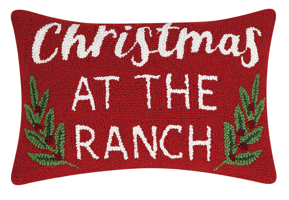 Christmas at the Ranch Hooked Wool Throw Pillow, 12x18 inch, front view
