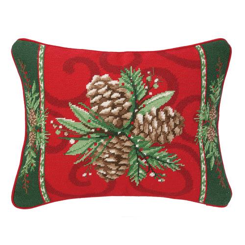 Christmas Bayberry Pine Wool Needlepoint Throw Pillow, 14x18 inch, front view