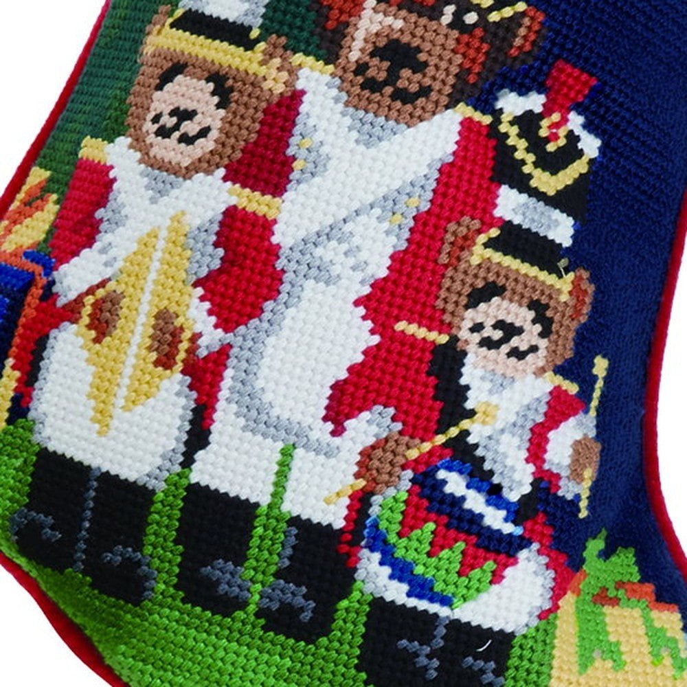 Closeup of Christmas Bears Wool Needlepoint Stocking showing stitch texture and craftsmanship detail