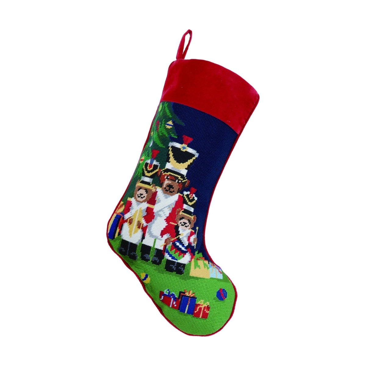 Christmas Bears Wool Needlepoint Stocking, 11x18 inch, front view