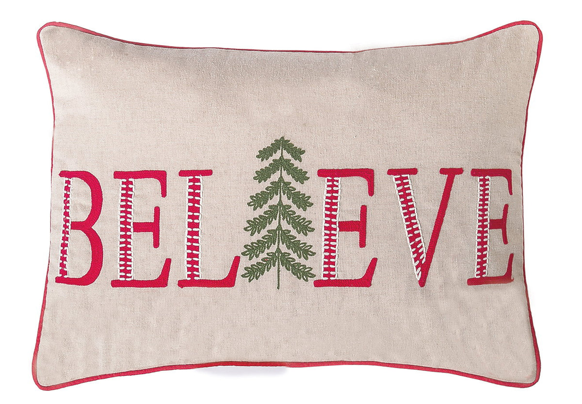 Christmas Believe Embroidered Throw Pillow, 14x20 inch, front view