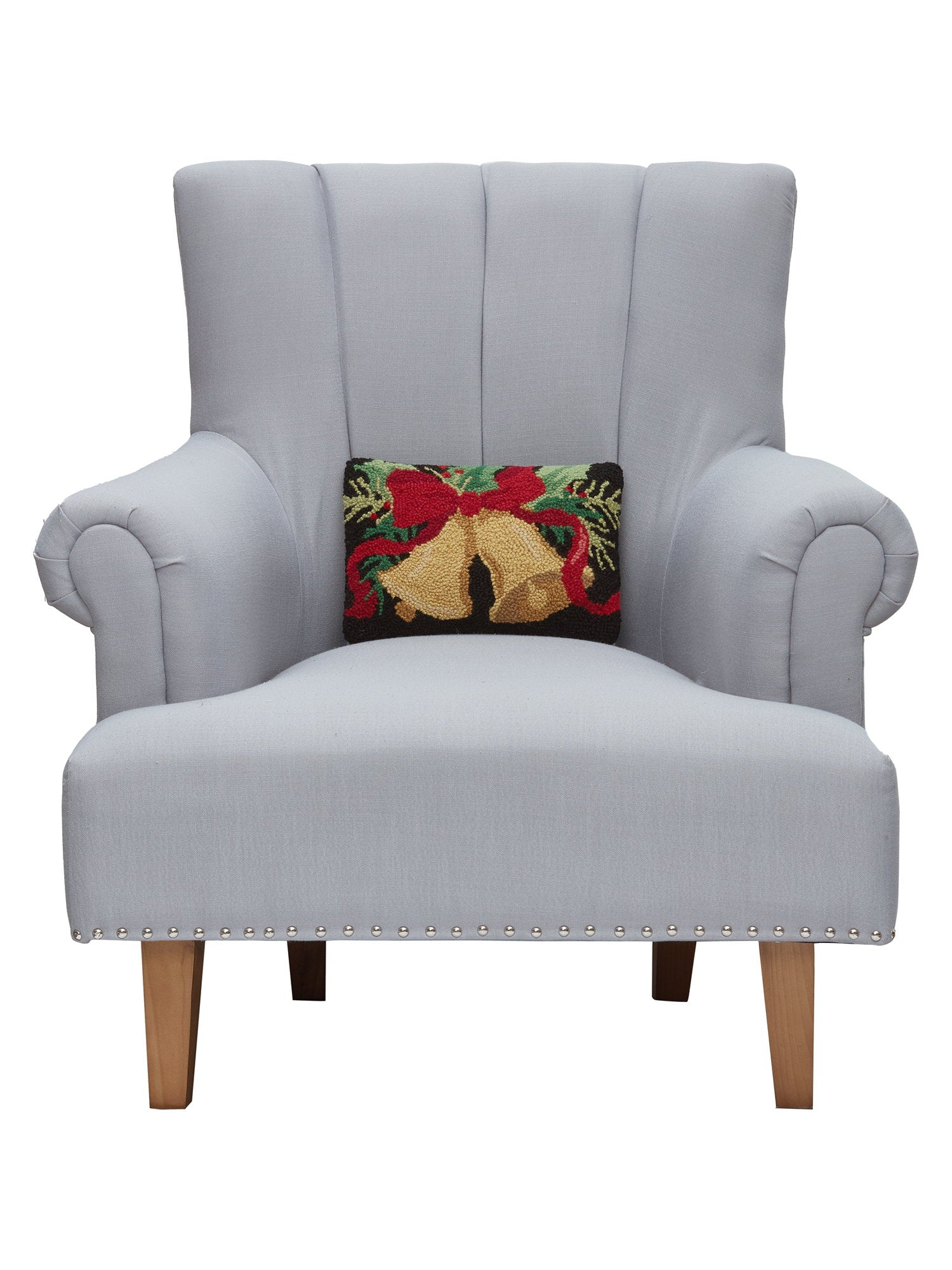 Christmas Bell Hooked Wool Throw Pillow on an armchair, showing the throw pillow at room scale, 8x12 inch