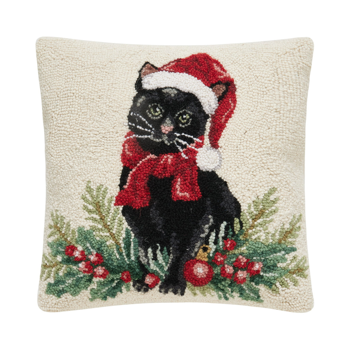 Christmas Black Cat Hooked Wool Throw Pillow, 16x16 inch, front view