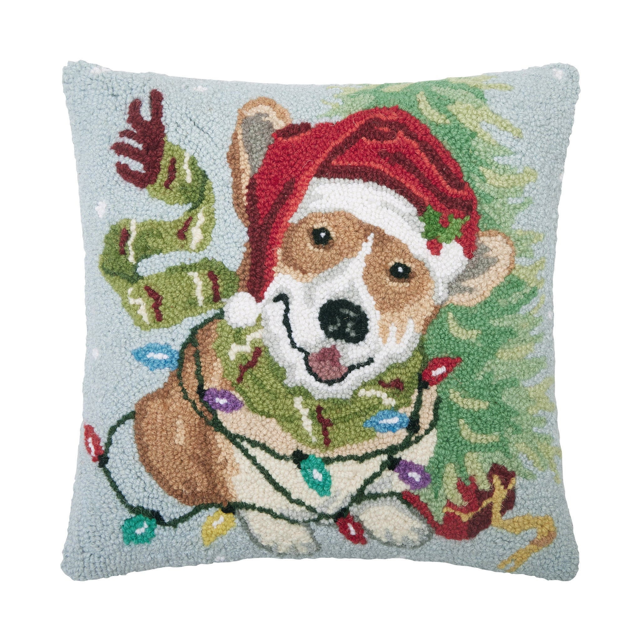 Christmas Corgi Hooked Wool Throw Pillow, 16x16 inch, front view