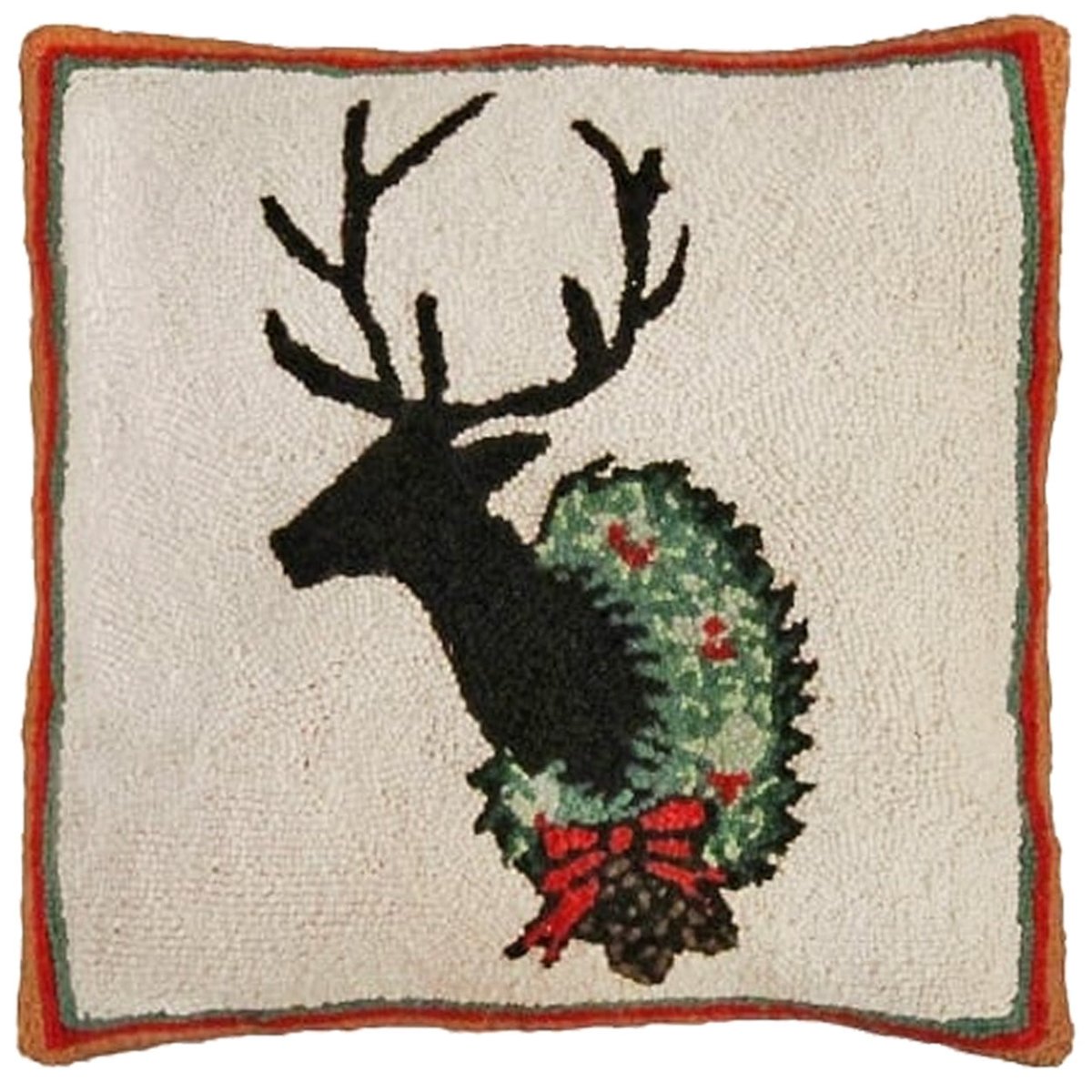 Festive Deer Wreath hooked wool throw pillow with festive holiday seasonal design