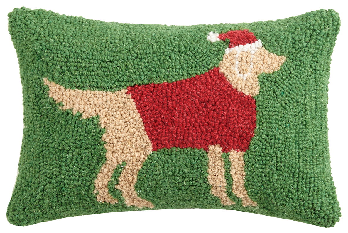 Christmas Golden Retriever Hooked Wool Throw Pillow, 8x12 inch, front view