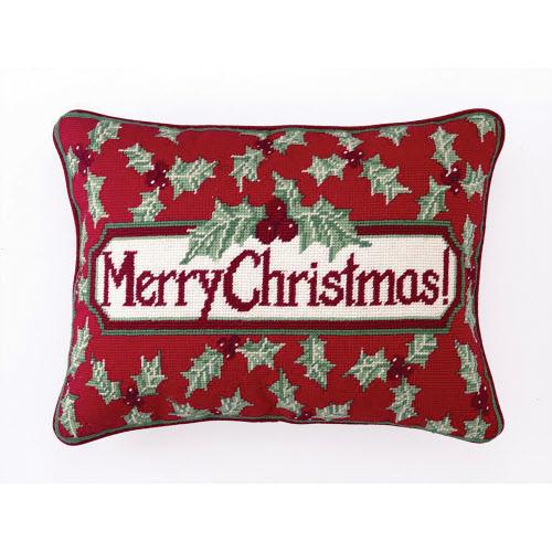 Christmas Holly Wool Needlepoint Throw Pillow, 12x16 inch, front view