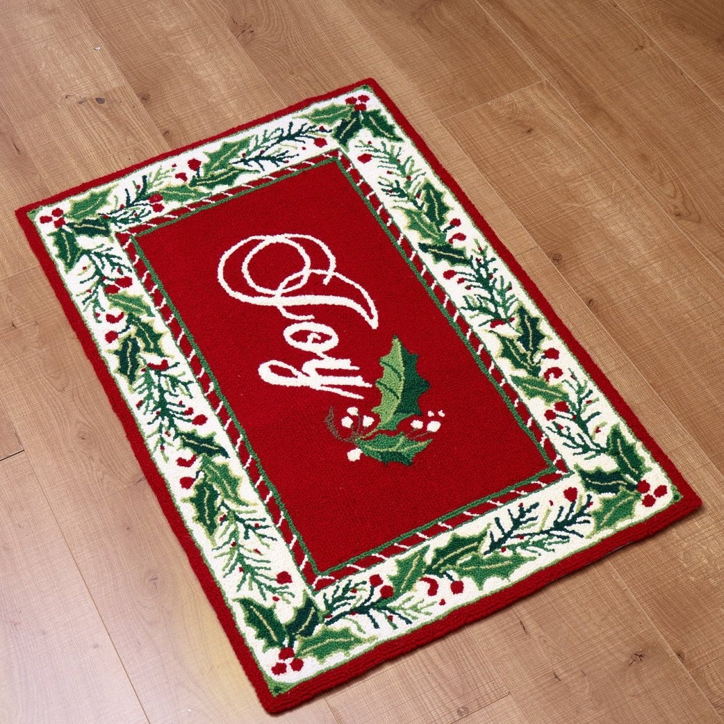 Christmas Joy Hooked Wool Rug styled in a room setting, 2x3 feet