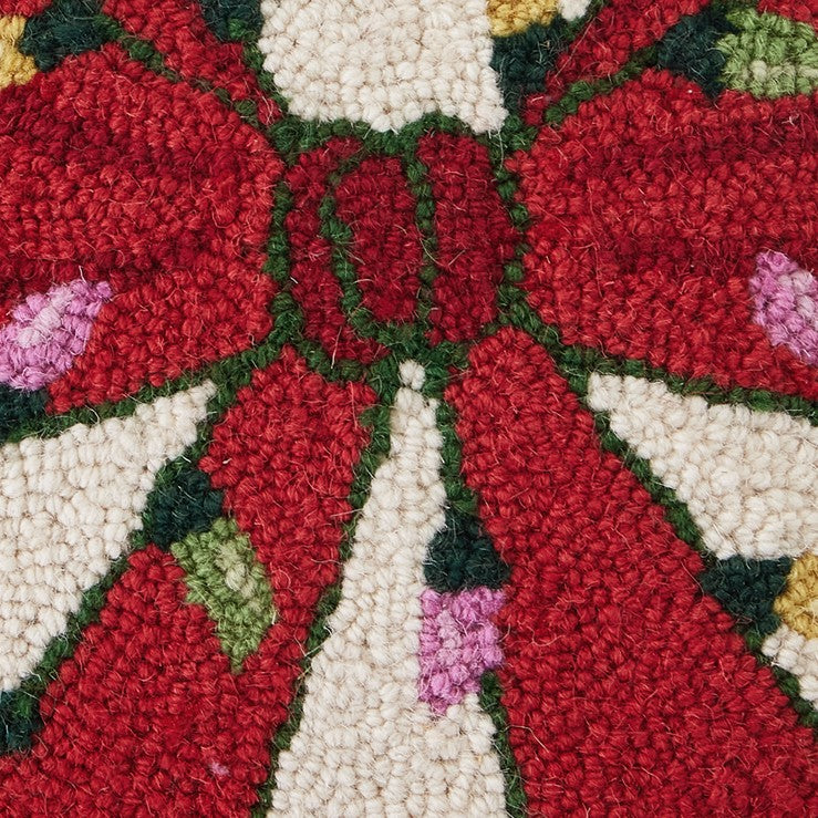 Christmas Lights Bow Hooked Wool Throw Pillow, close-up detail