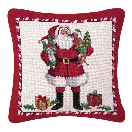 Christmas Puppies Wool Needlepoint Throw Pillow, 16x16 inch, front view