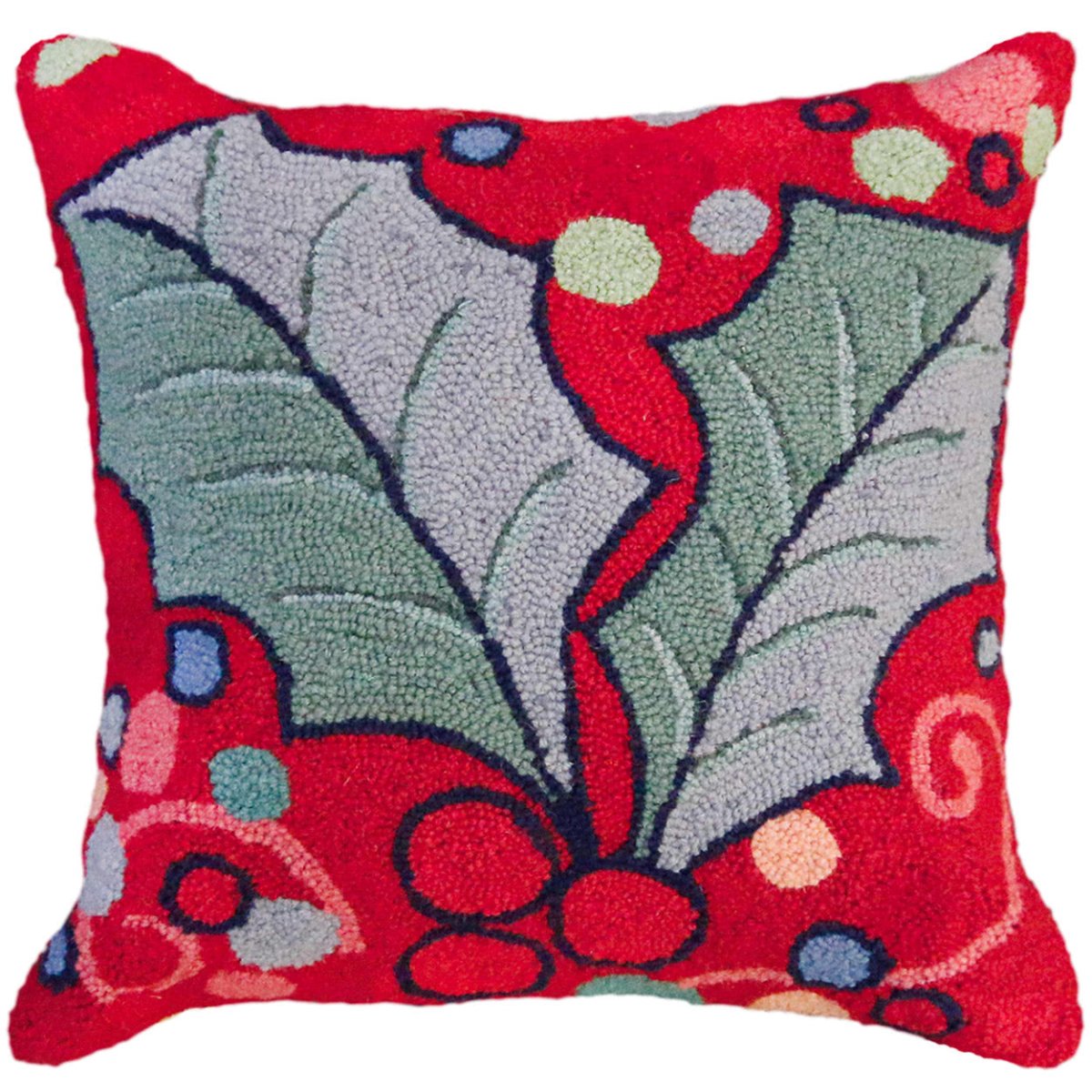 Red Holly Leaves hooked wool throw pillow with festive holiday seasonal design