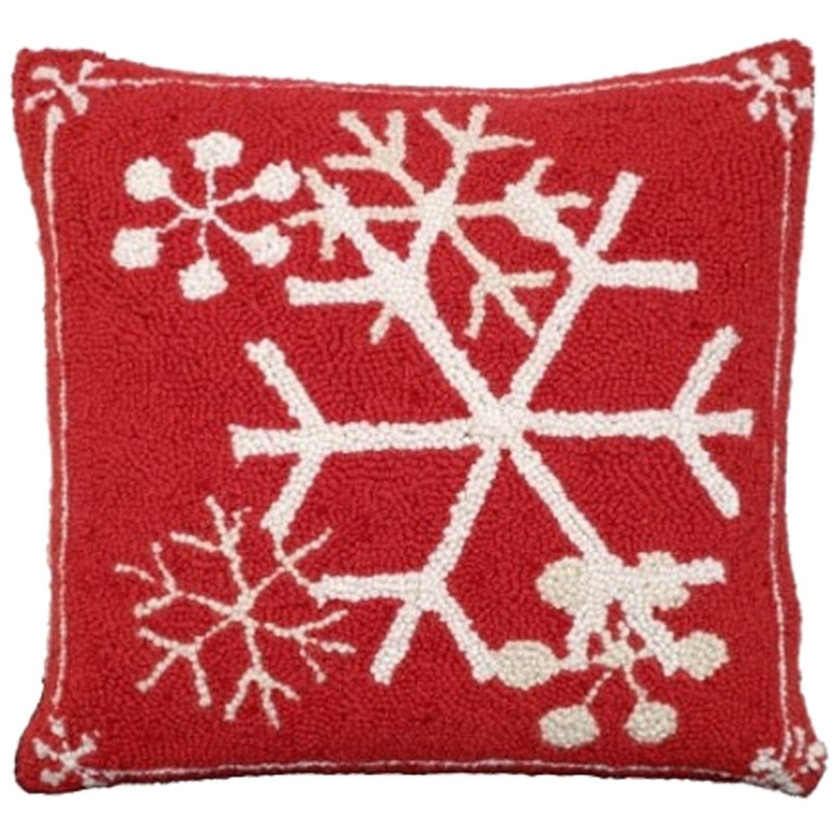 Snow Flakes Red Background hooked wool throw pillow with festive holiday seasonal design