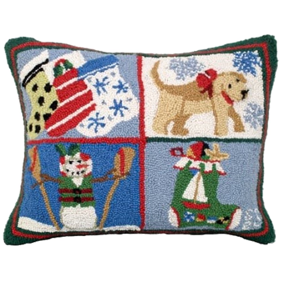 Snowman Puppy Stockings hooked wool throw pillow with festive holiday seasonal design