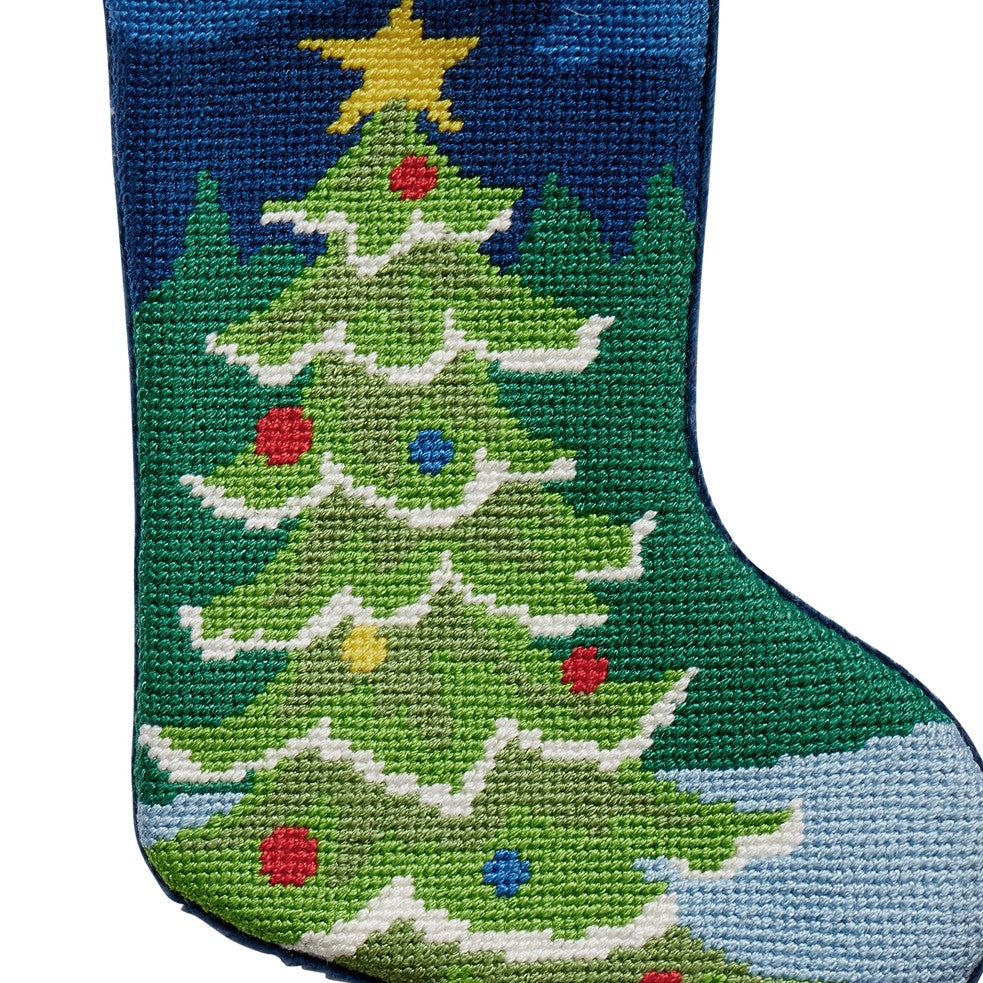 Christmas Tree Mini Embroidered Needlepoint Stocking, close-up detail
