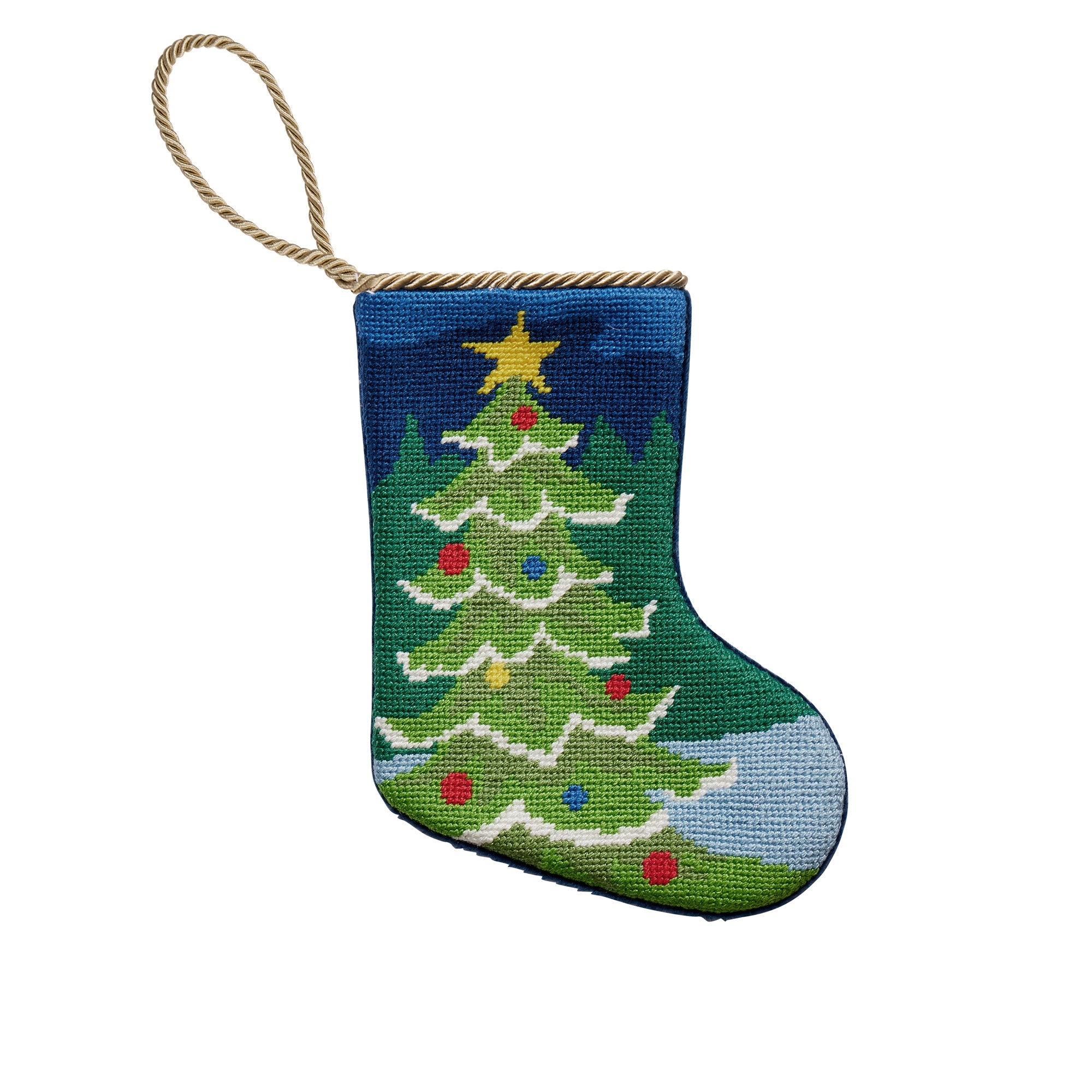 Christmas Tree Mini Embroidered Needlepoint Stocking, 6x4 inch, front view
