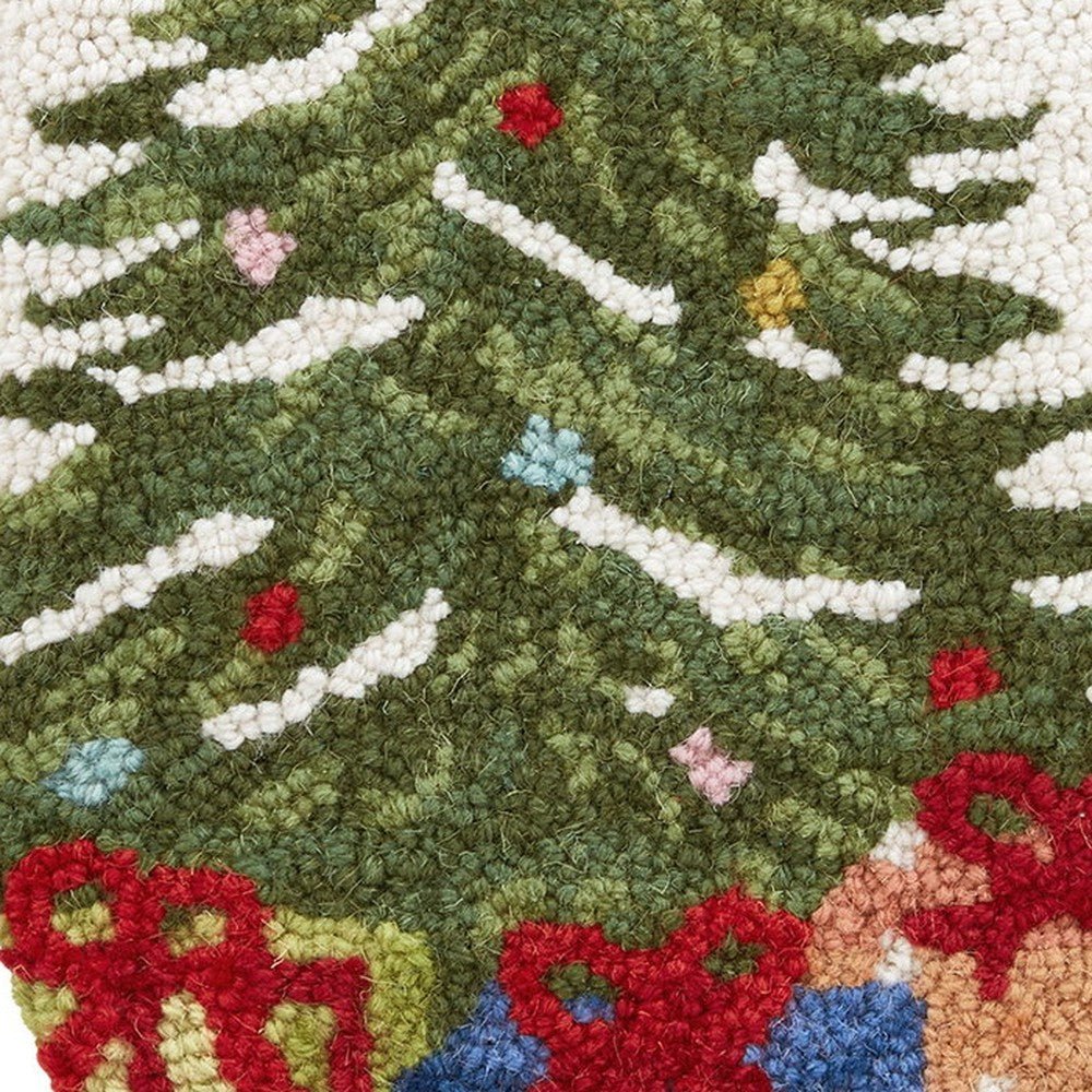 Closeup of Christmas Tree & Presents Hooked Wool Stocking showing stitch texture and craftsmanship detail
