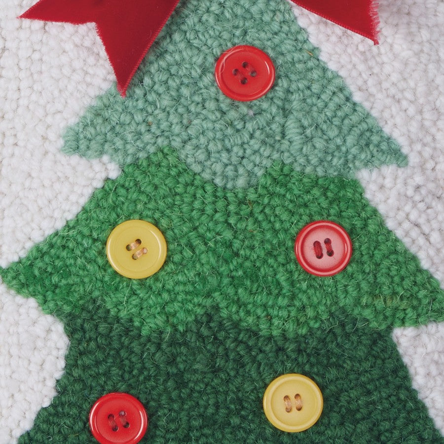 Christmas Tree Ribbon Hooked Wool Throw Pillow, close-up detail