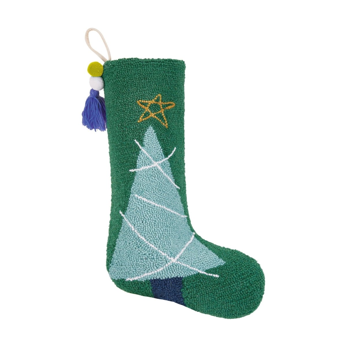 Christmas Tree with Pom Pom Tassel Hooked Wool Stocking, 12x20 inch, front view