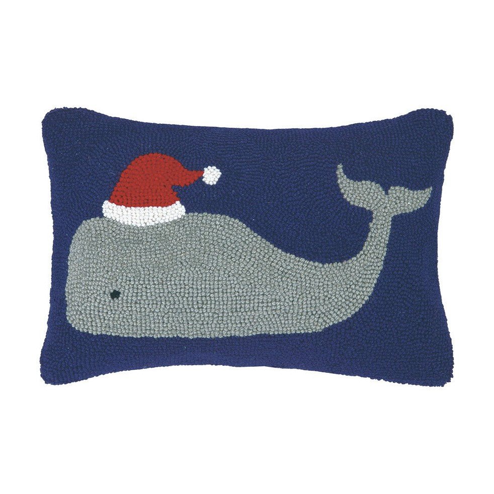 Christmas Whale Hooked Wool Throw Pillow, 12x18 inch, front view