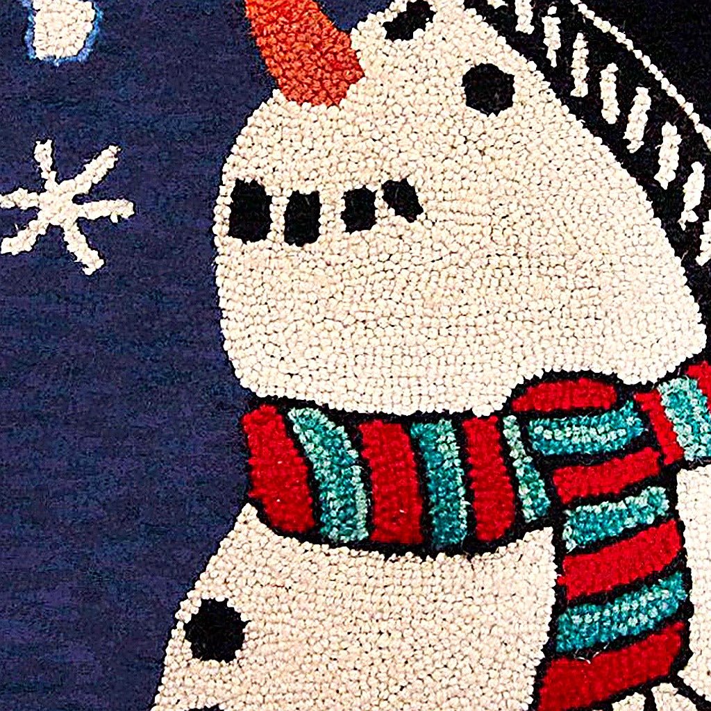Christmas White Winter Snowman Seasonal Wool Hooked pillow fabric closeup showing hand-embroidered needlepoint wool texture and color detail