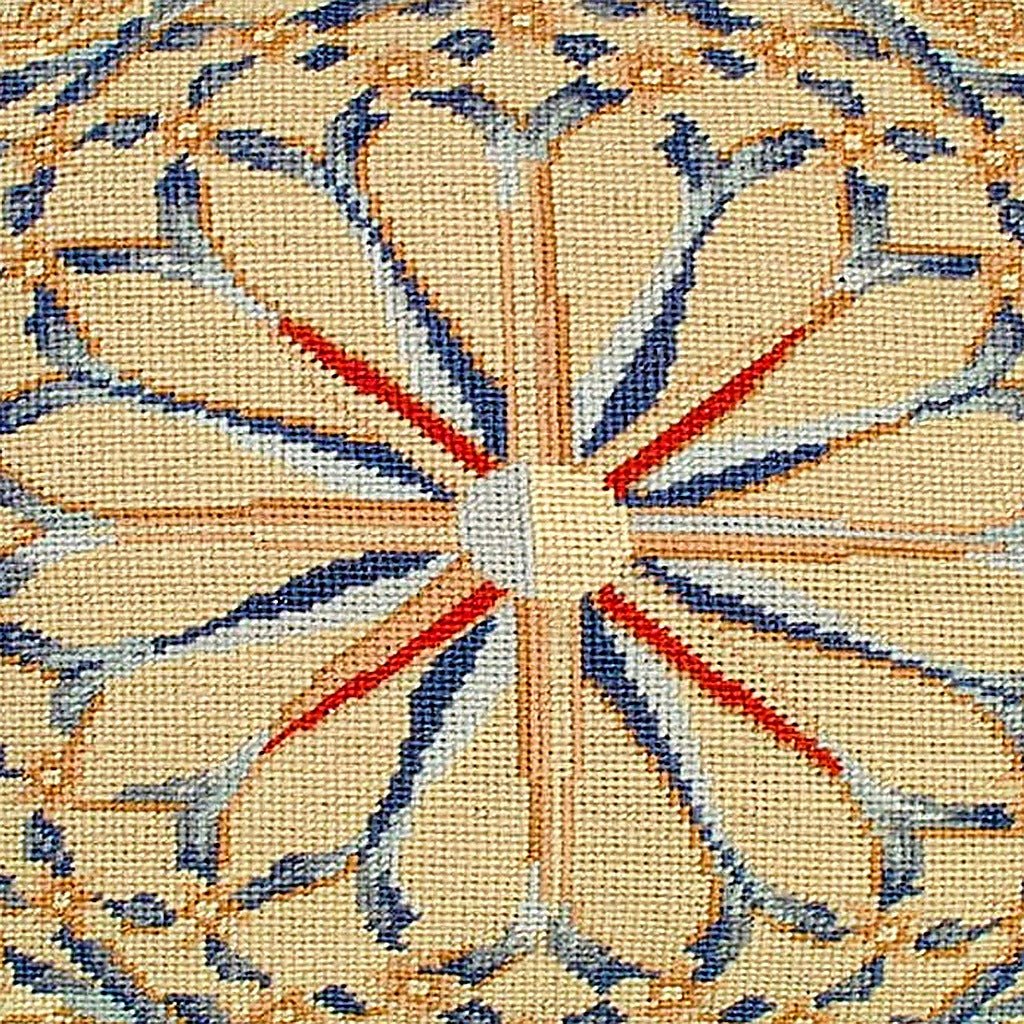Closeup of Classic Besserbian Circular Medallion needlepoint throw pillow highlighting hand-stitched wool craftsmanship and fabric detail