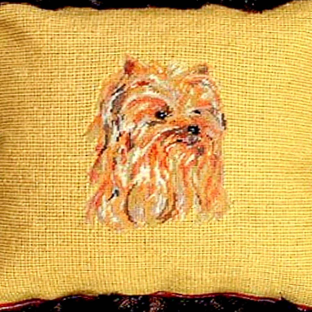 Closeup of Classic Brown Yorkie Dog Lover needlepoint throw pillow highlighting hand-stitched wool craftsmanship and fabric detail