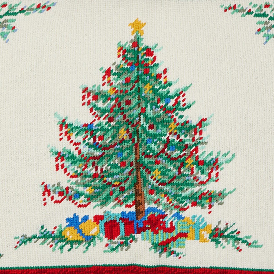 Classic Christmas Embroidered Needlepoint Throw Pillow, close-up detail