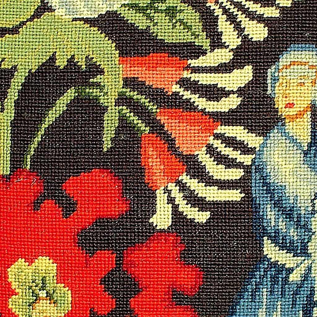 Closeup of Classic Middle Age Tapestry needlepoint throw pillow highlighting hand-stitched wool craftsmanship and fabric detail