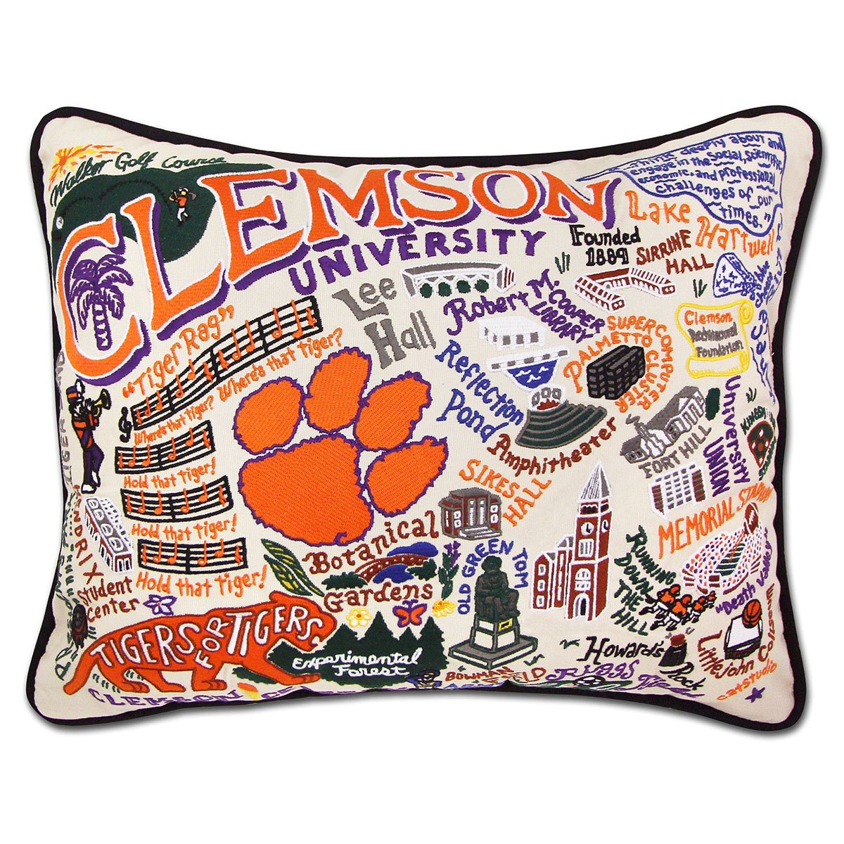 Clemson University Tigers hand-embroidered throw pillow featuring school colors and mascot imagery