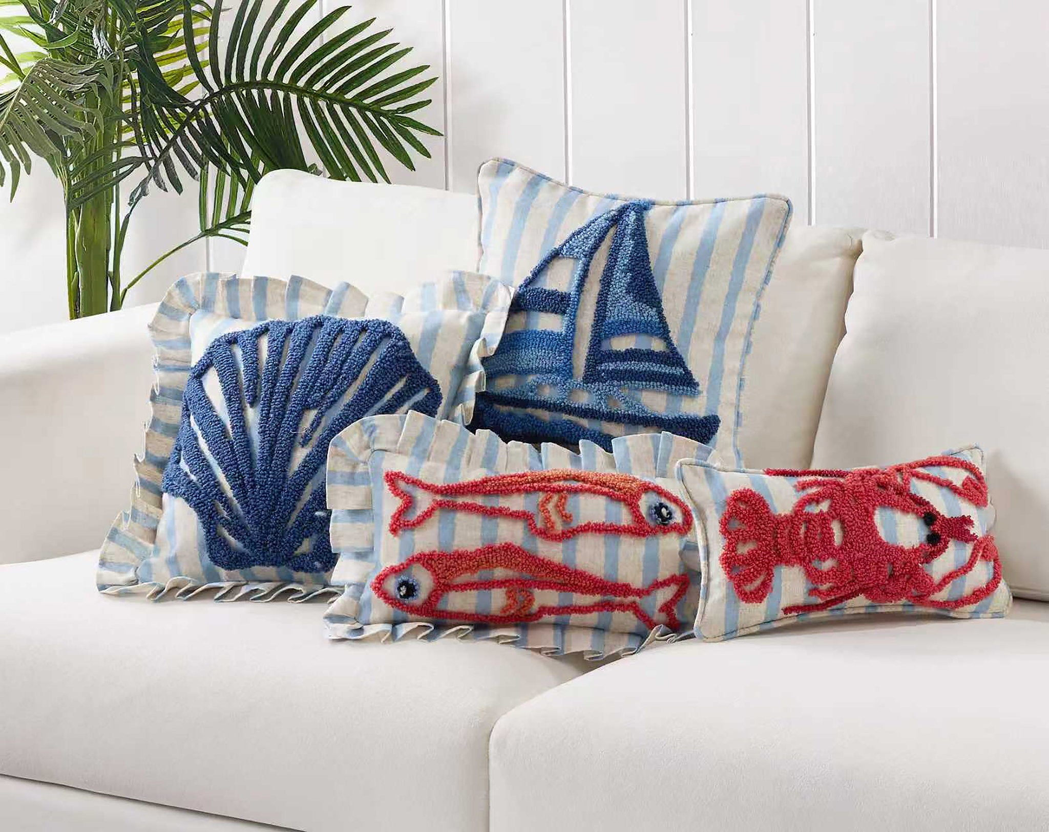 Coastal Sardines Tufted Hooked Throw Pillow shown alongside other designs in the same collection, 9x16 inch