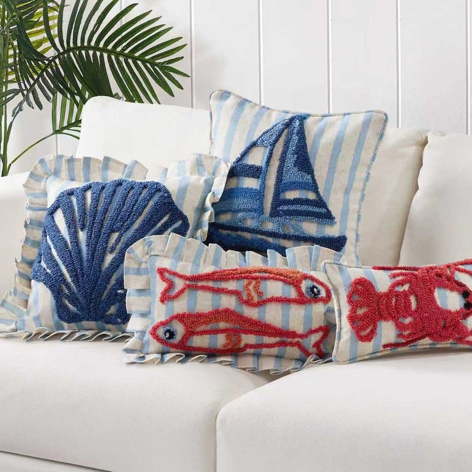 Coastal Shell Tufted Hooked Throw Pillow shown alongside other designs in the same collection, 16x16 inch