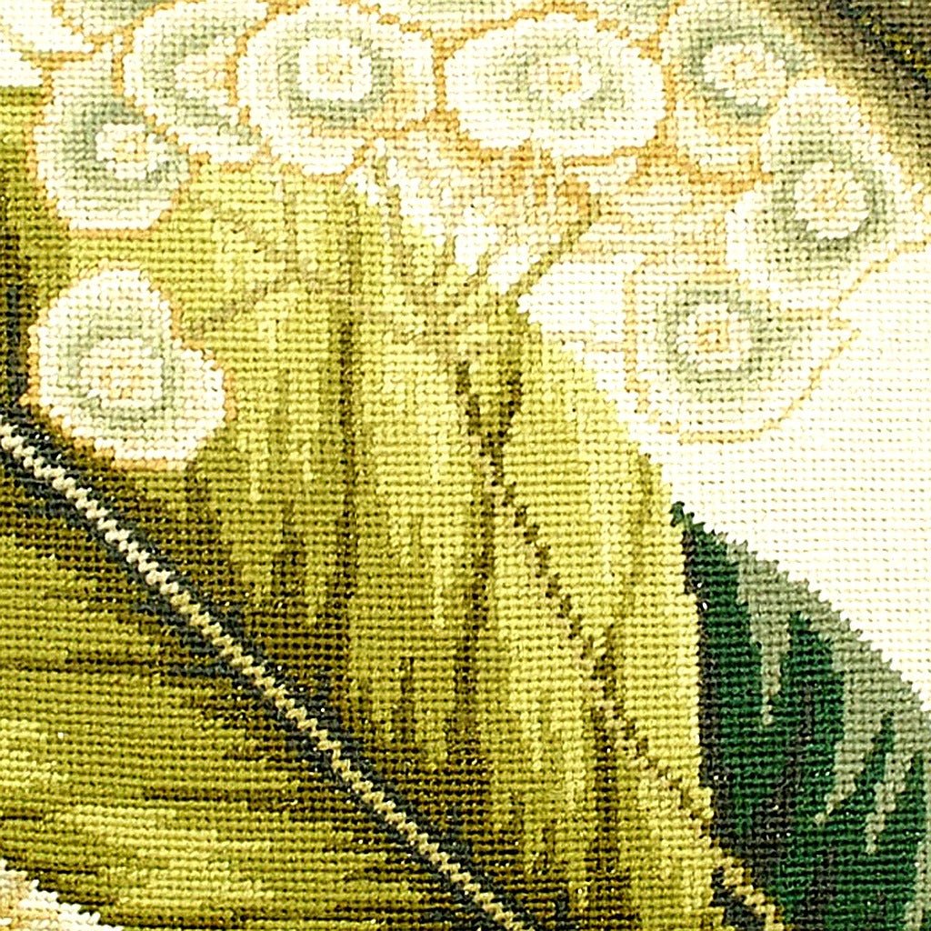 Colonial Williamsburg Botanical pillow fabric closeup showing hand-embroidered needlepoint wool texture and color detail