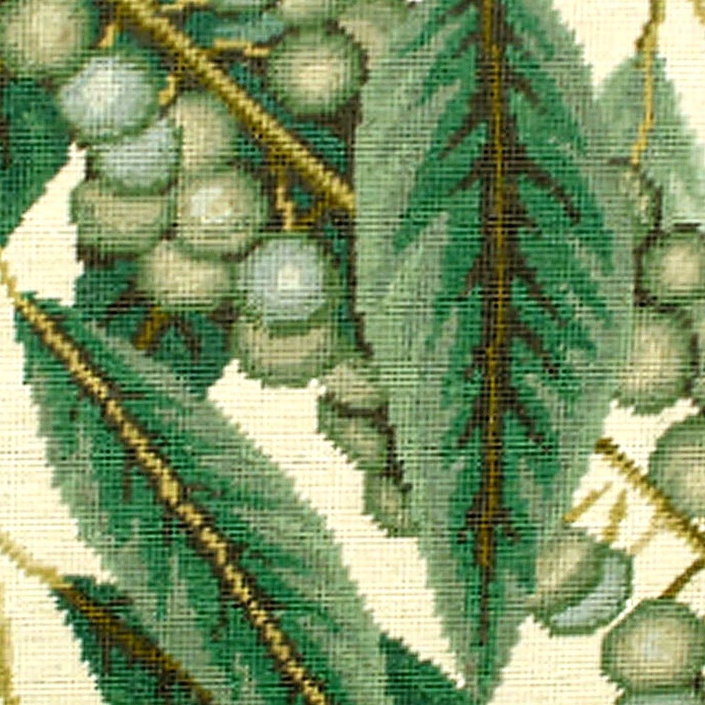 Colonial Williamsburg Grapevine pillow fabric closeup showing hand-embroidered needlepoint wool texture and color detail