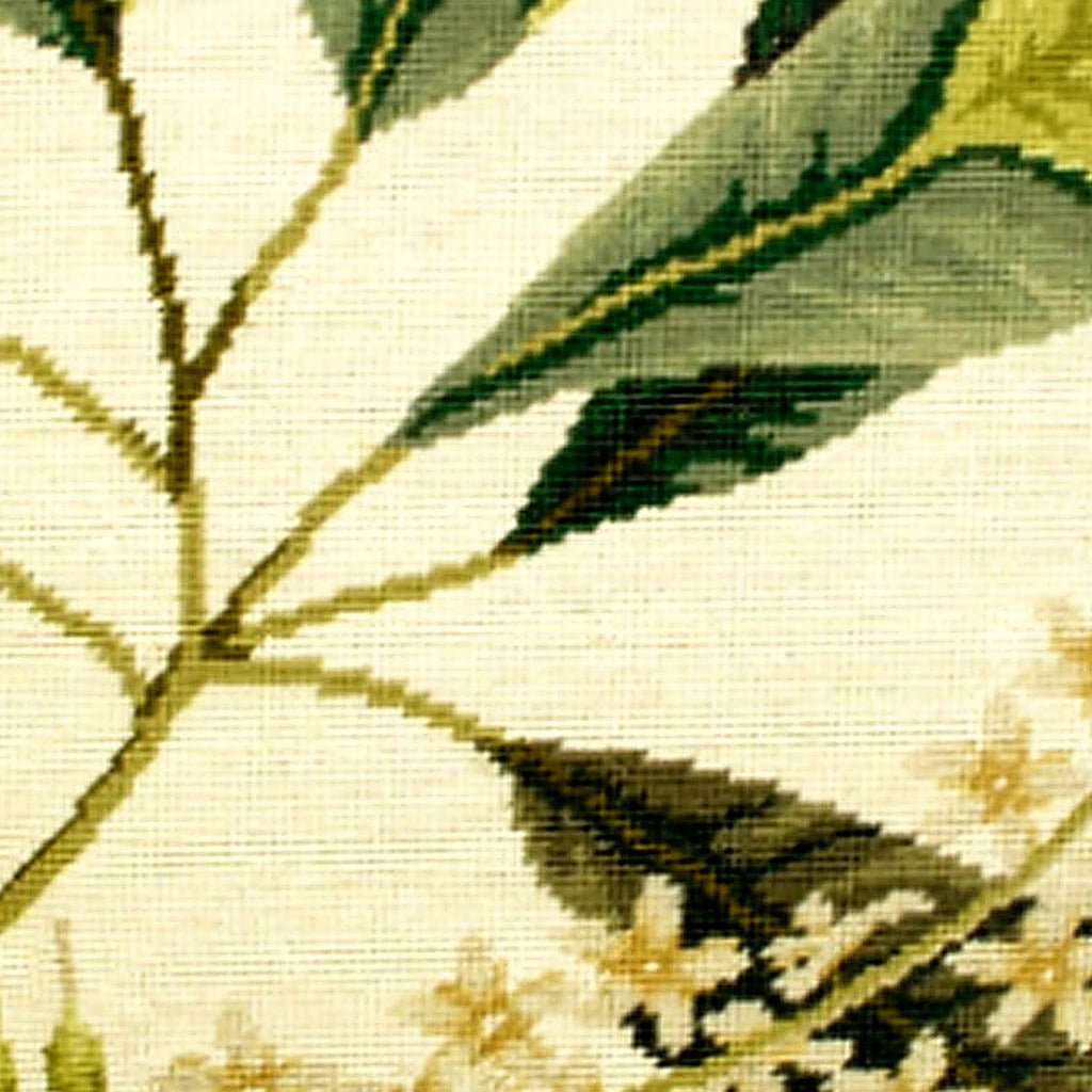 Closeup of Colonial Williamsburg Green Botanical needlepoint throw pillow highlighting hand-stitched wool craftsmanship and fabric detail