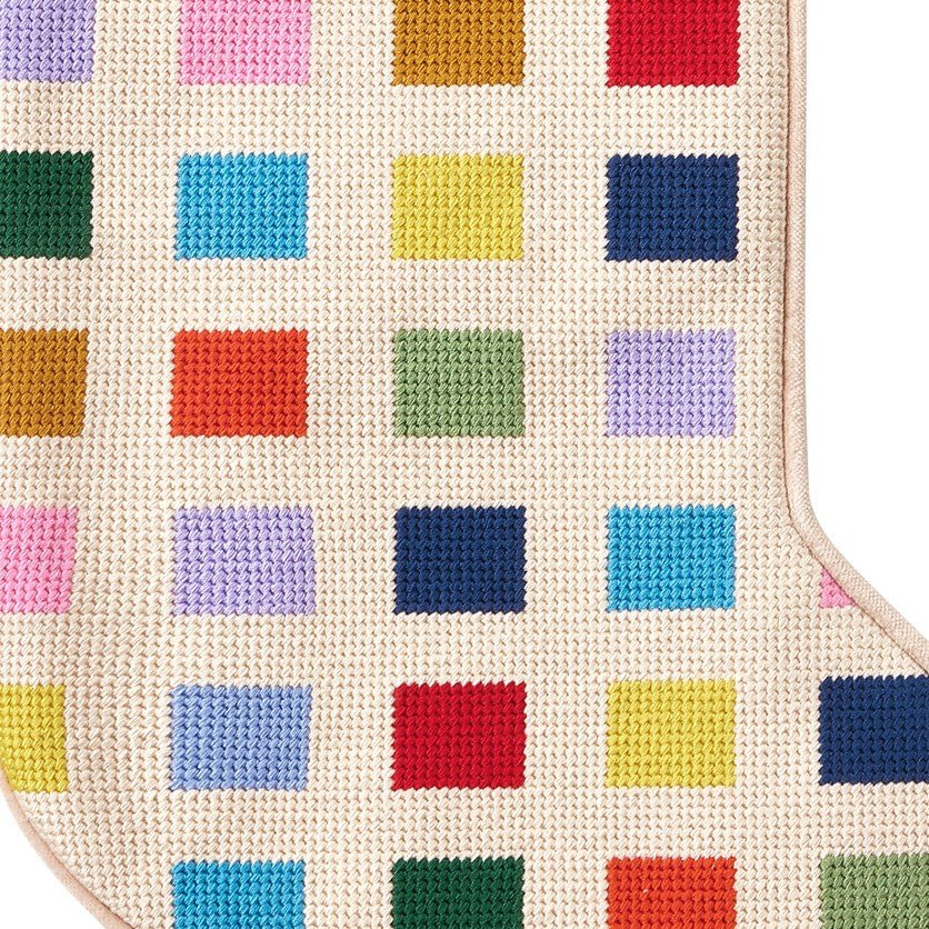 Color Block Embroidered Needlepoint Christmas Stocking, close-up detail