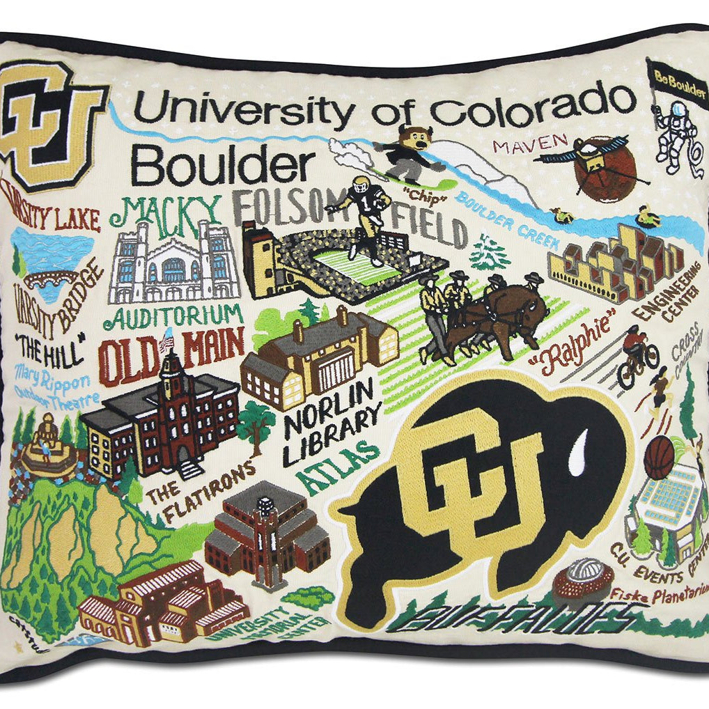Colorado Boulder Buffaloes hand-embroidered throw pillow featuring school colors and mascot imagery