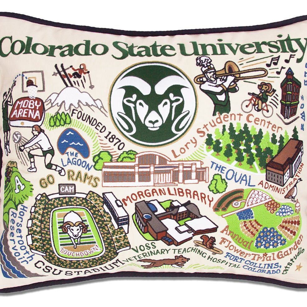 Colorado State University Rams hand-embroidered throw pillow featuring school colors and mascot imagery