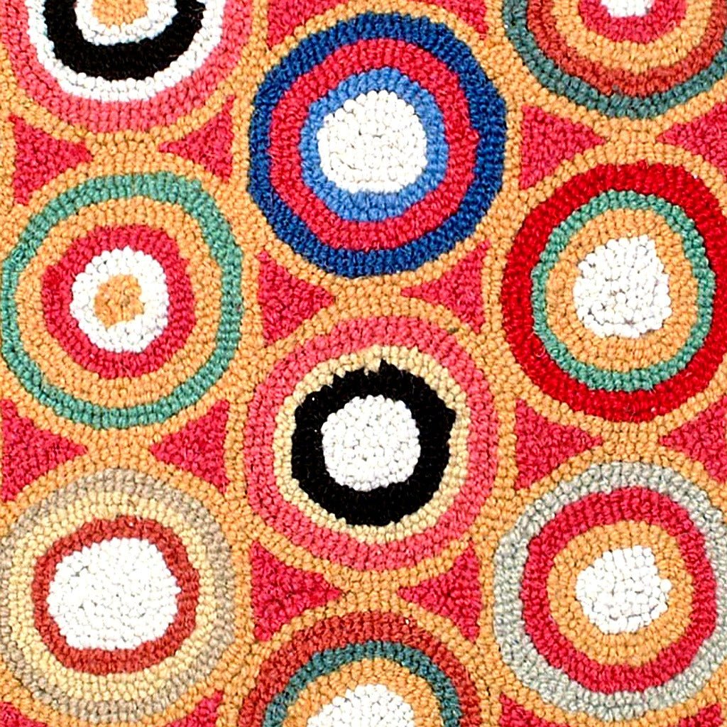 Colored Circles Pattern Wool Hooked pillow fabric closeup showing hand-embroidered needlepoint wool texture and color detail