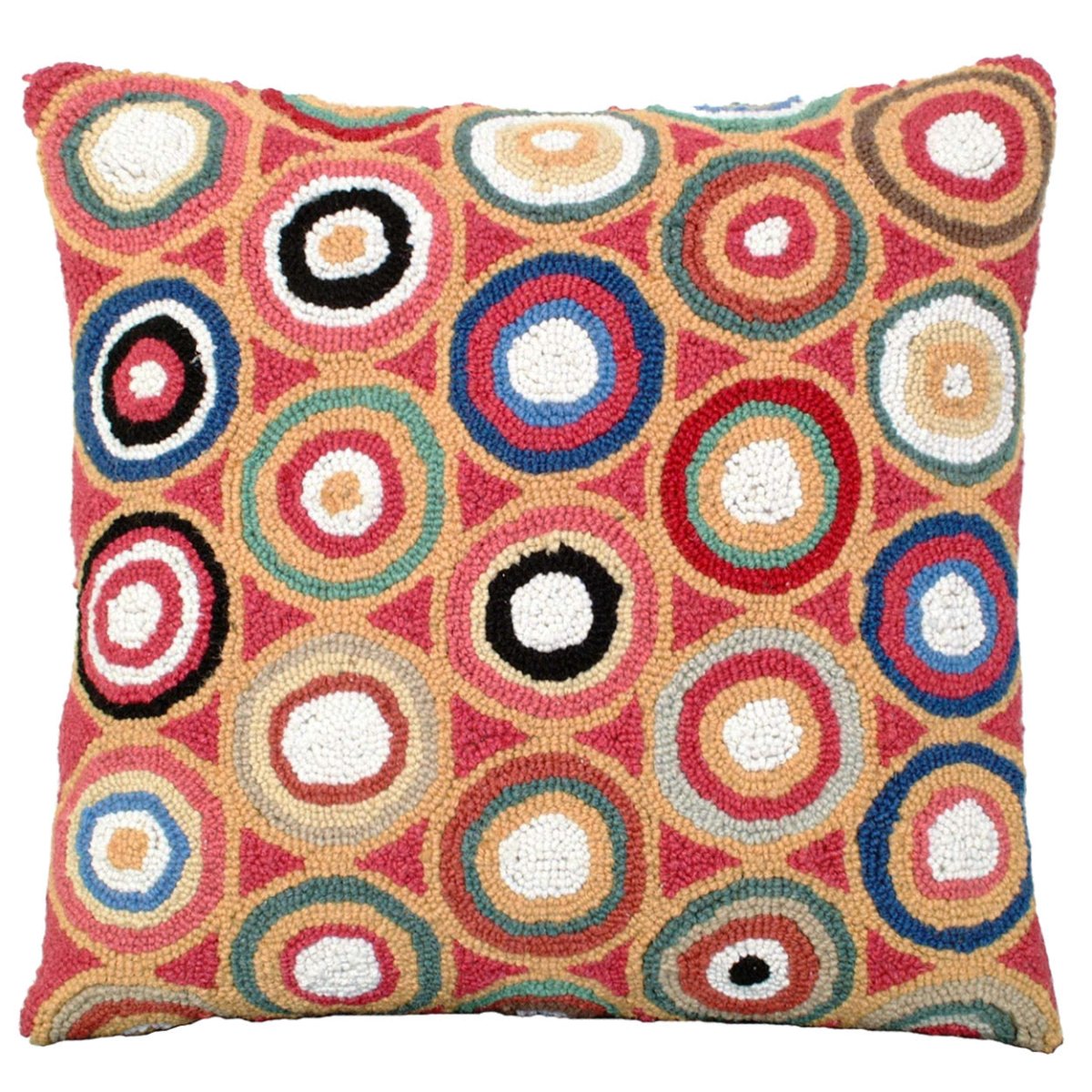 Colored Circles Pattern hooked wool throw pillow with artisan decorative design
